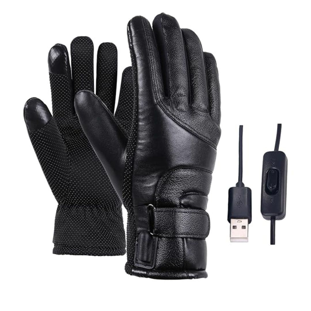 Black heated gloves with USB cable and power switch on a white background