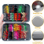 Fishing fly box with colorful flies, magnetic cap, anti-slip interior, and leakproofness features.
