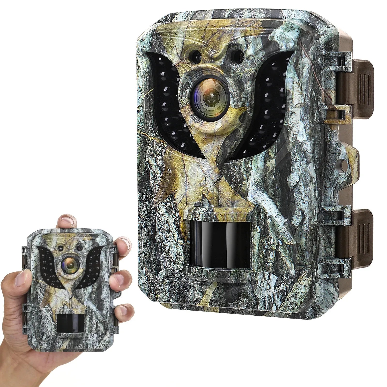 Seamlessly blend into the wilderness with this mini game camera, featuring a compact design and camouflage pattern for discreet wildlife photography and observation.