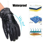 Black waterproof glove with water droplets being repelled, accompanied by diagrams showing the waterproof technology.