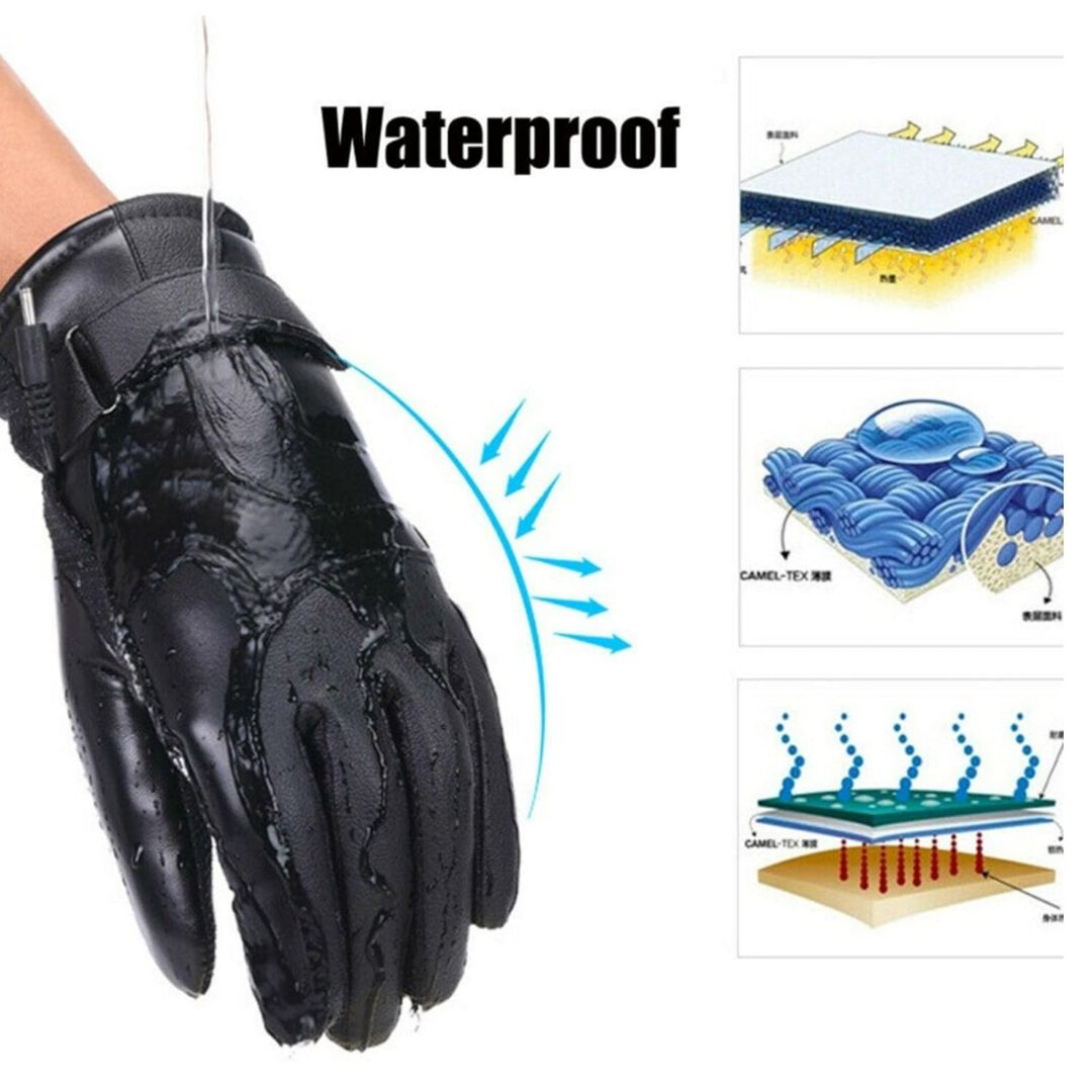 Black waterproof glove with water droplets being repelled, accompanied by diagrams showing the waterproof technology.