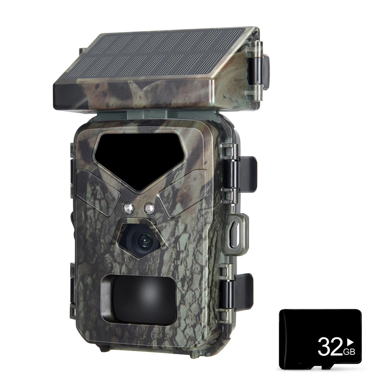A rugged outdoor camera with advanced night vision, camouflaged design, and equipped with a solar panel for sustainable energy source, partially obscured with multiple control buttons and a 32GB storage capacity icon.
