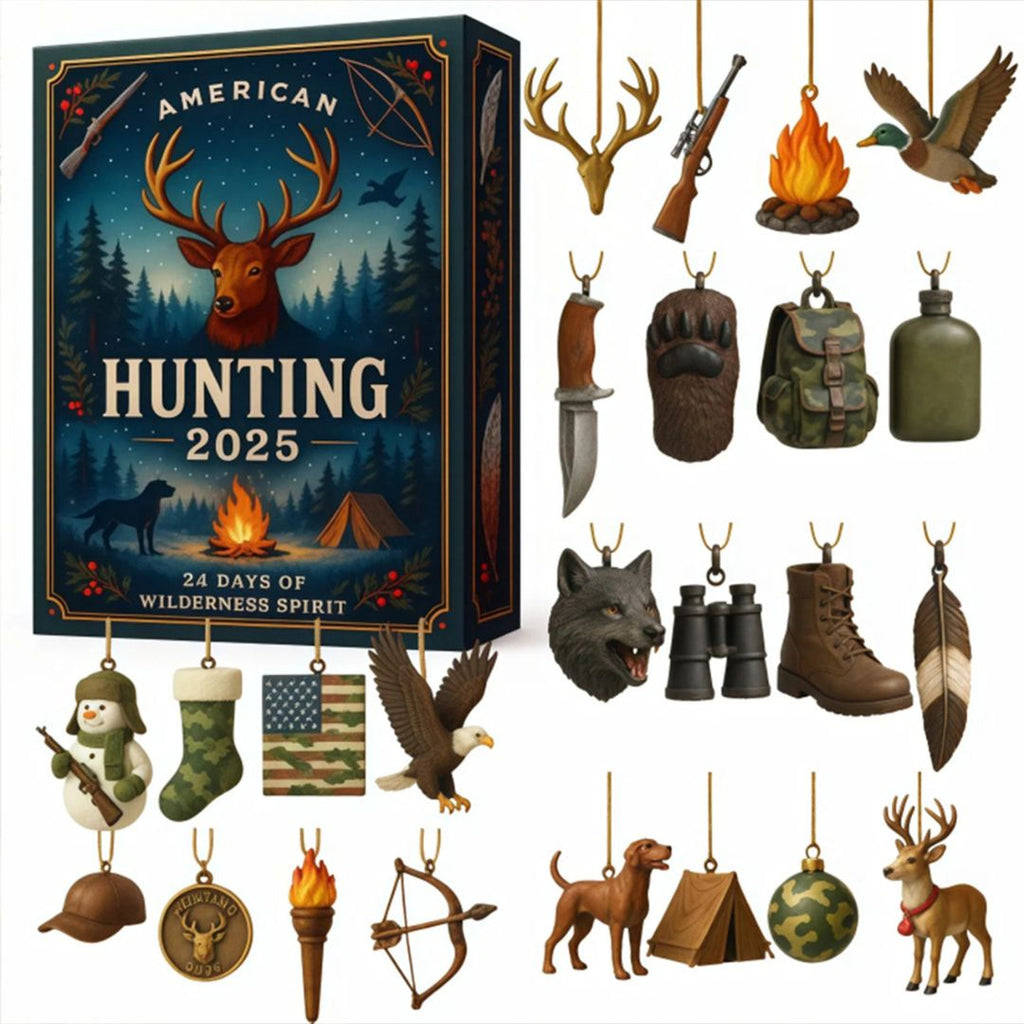 2025 American Hunting Advent Calendar blind box showing the rustic box design (stag, campfire) and all 24 acrylic ornaments including rifle, antlers, dog, wolf head, boots, camouflage ball, and US flag.