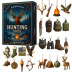 2025 American Hunting Advent Calendar blind box showing the rustic box design (stag, campfire) and all 24 acrylic ornaments including rifle, antlers, dog, wolf head, boots, camouflage ball, and US flag.