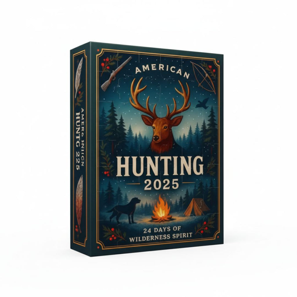 Front view of the American Hunting 2025 Advent Calendar box, featuring a rustic illustration of a stag, a hunting dog, a campfire, and a tent in a dark forest setting.