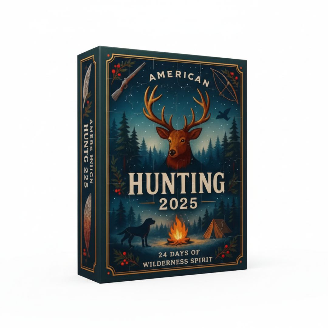 Front view of the American Hunting 2025 Advent Calendar box, featuring a rustic illustration of a stag, a hunting dog, a campfire, and a tent in a dark forest setting.
