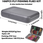 100PCS Fly Fishing Flies Kit with gray tackle box and detailed specifications.