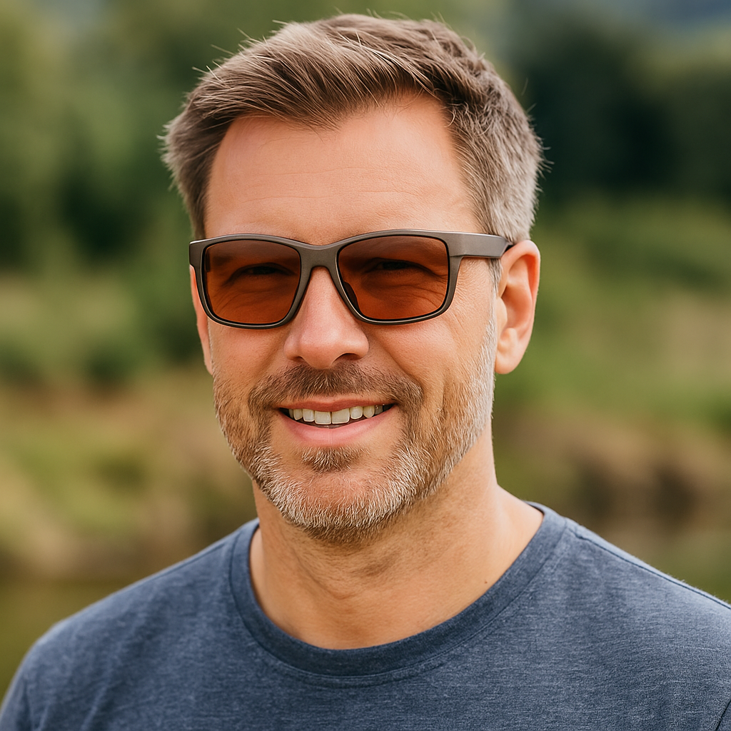Smiling middle-aged man wearing Copper Brown polarized sunglasses outdoors, with a blurred natural background and casual navy-blue t-shirt. The sunglasses have a sleek matte frame and amber-tinted lenses, offering both style and sun protection.
