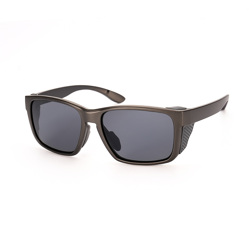 High-resolution image of polarized sunglasses with deep gray lenses and a matte dark frame, displayed on a clean white background. Designed for enhanced vision and glare reduction during outdoor use.