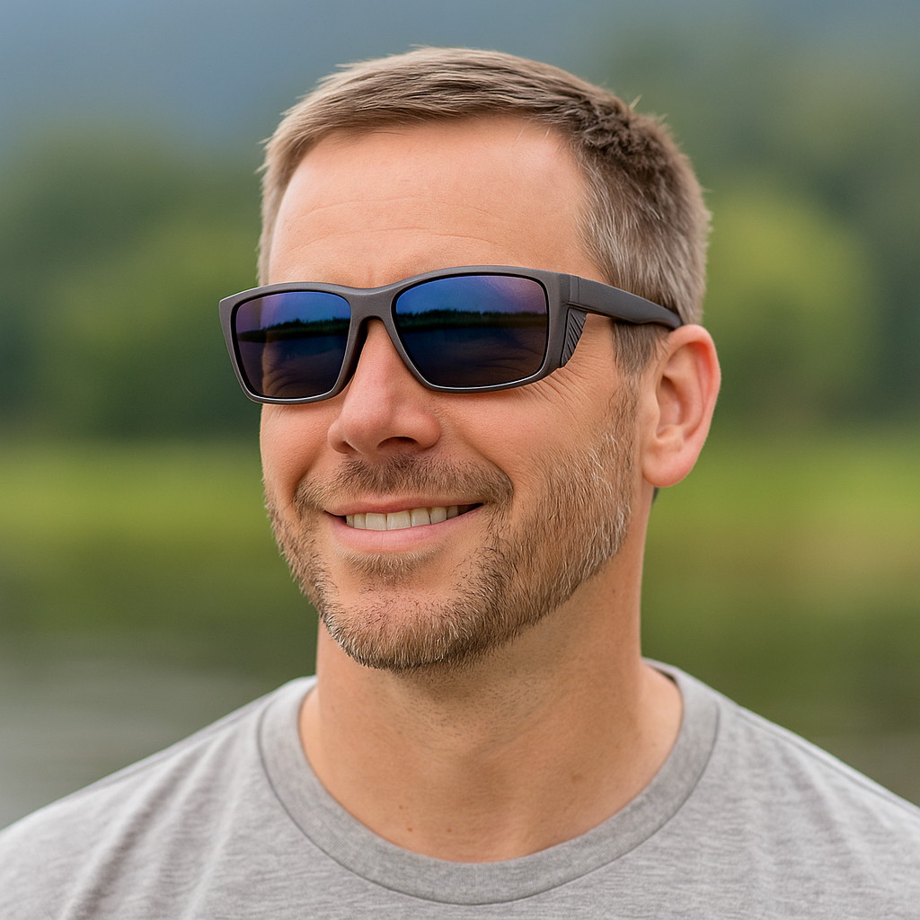 Man wearing Deep Gray polarized sunglasses with reflective blue-tinted lenses, standing outdoors near a lake. He’s smiling casually, dressed in a light gray t-shirt, with a calm natural landscape in the background.