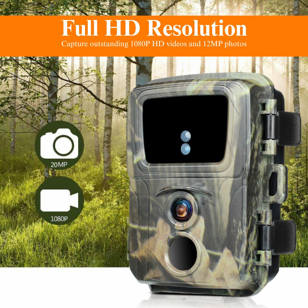 Deer camera discreetly mounted on a tree, featuring 20MP photo quality and 1080P video resolution, perfectly camouflaged within the lush greenery of the forest to capture wildlife in stunning detail.