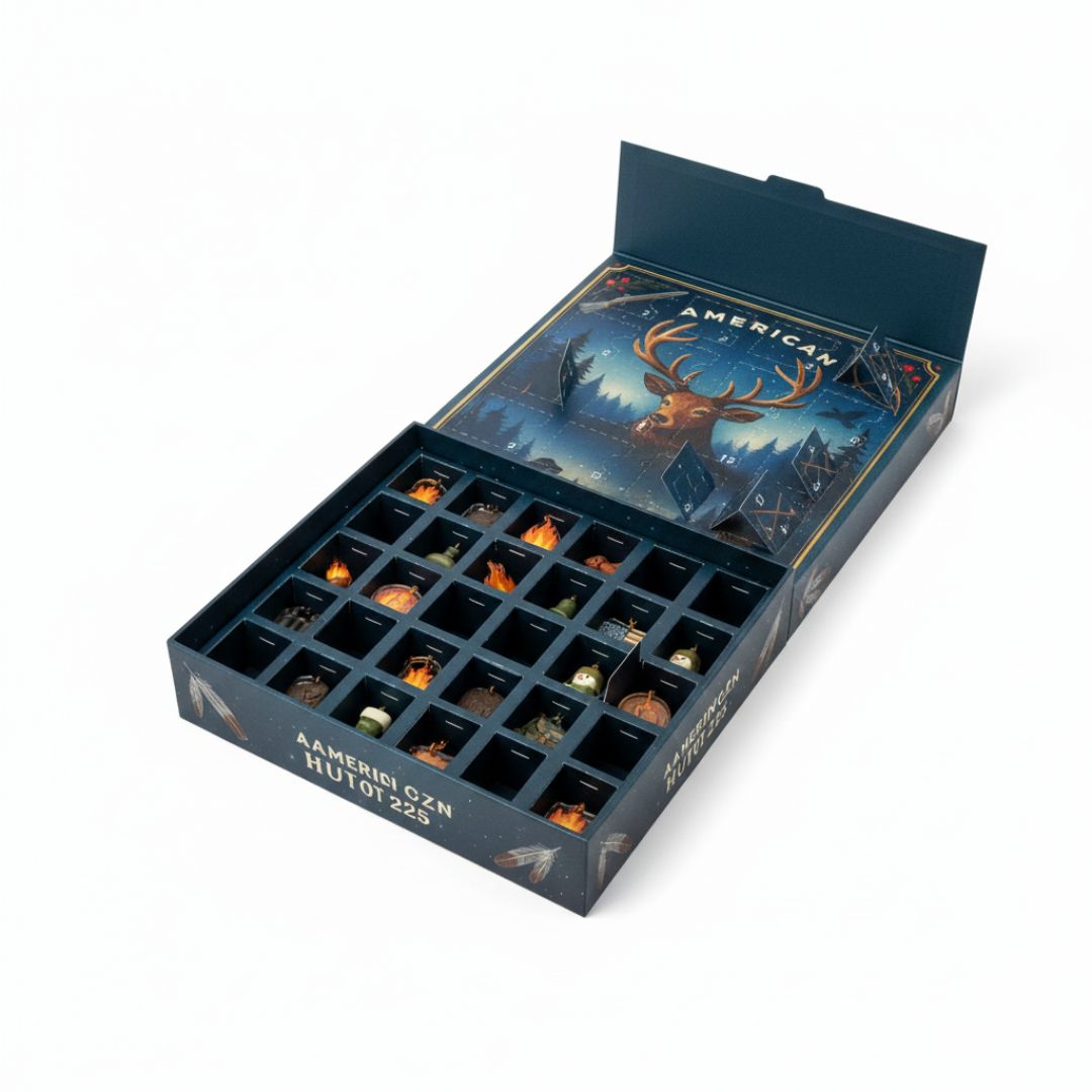 Open view of the American Hunting 2025 Advent Calendar blind box, showing the 24 internal compartments containing the miniature wilderness-themed acrylic pendants/ornaments.
