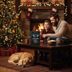 Lifestyle image showing a father and son sitting by a fireplace with the American Hunting 2025 Advent Calendar on a coffee table. The hunting-themed ornaments are hanging on a decorated Christmas tree in the background, with a sleeping golden retriever nearby.