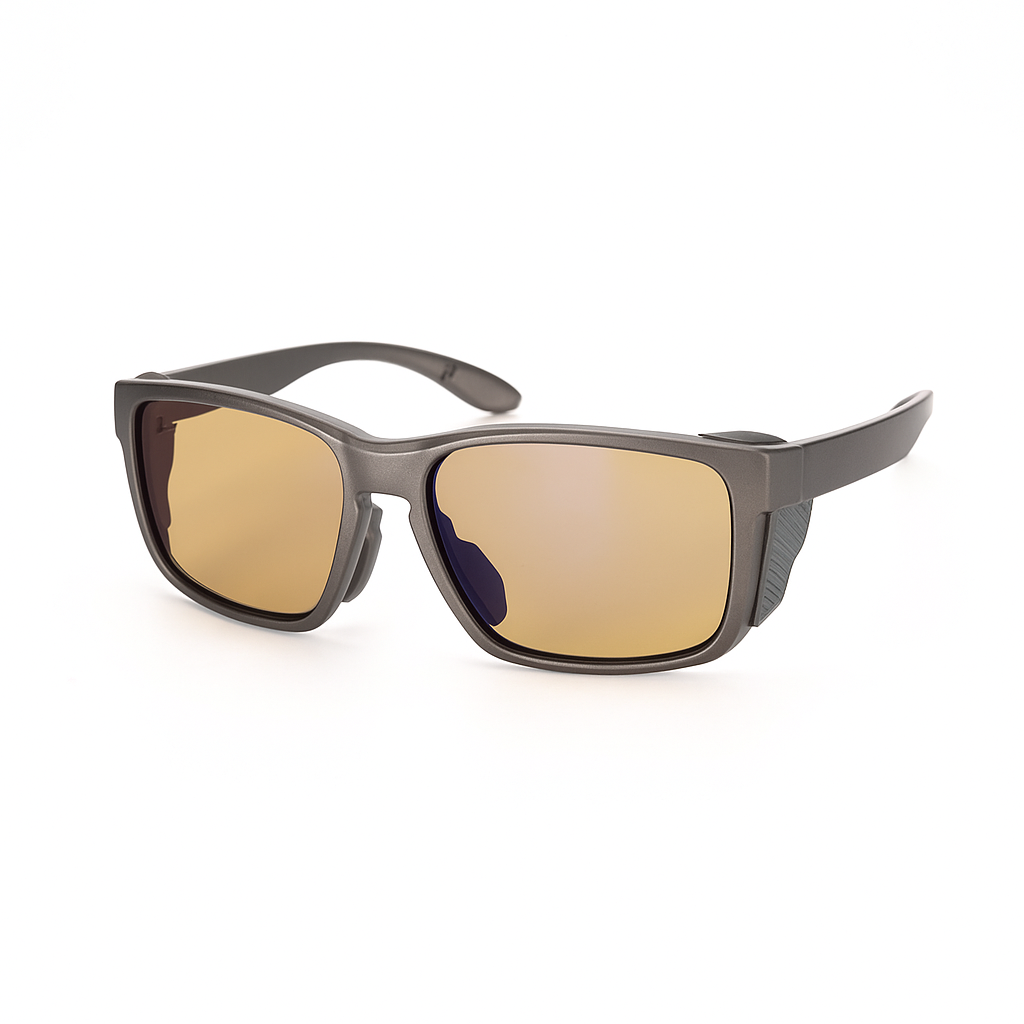 High-quality product image of polarized sunglasses featuring subtle lime shift mirrored lenses and a matte grey wraparound frame, set against a clean white background. Ideal for fishing and outdoor adventures.