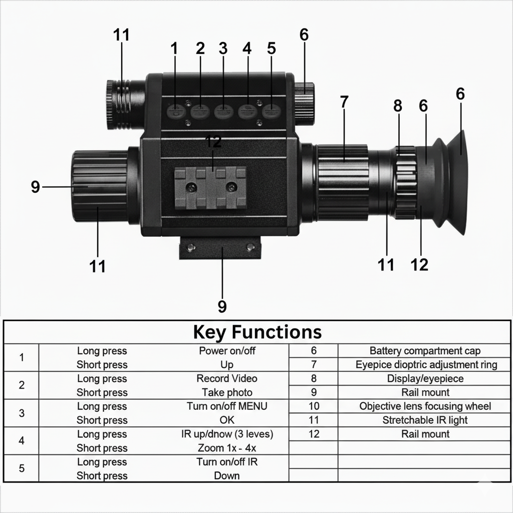 Detailed diagram of the NEXTBAIT XM 3.5 showing all key functions and components, including power, video record, photo, menu, IR light control, zoom, lens focus wheels, and rail mounts.