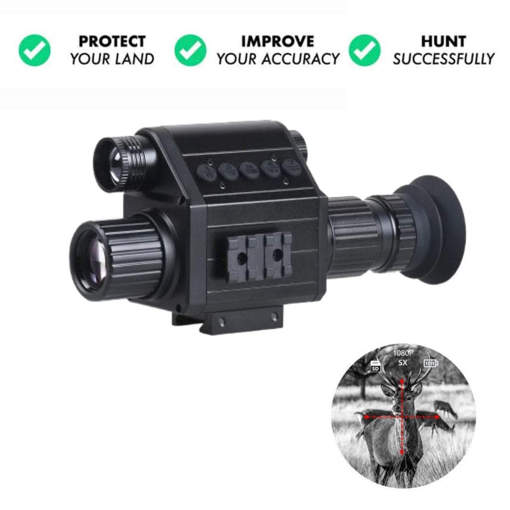 NEXTBAIT XM 3.5 Night Vision Riflescope showing recoil resistance, HD 1080P recording, and deer target overlay, emphasizing accuracy and land protection.