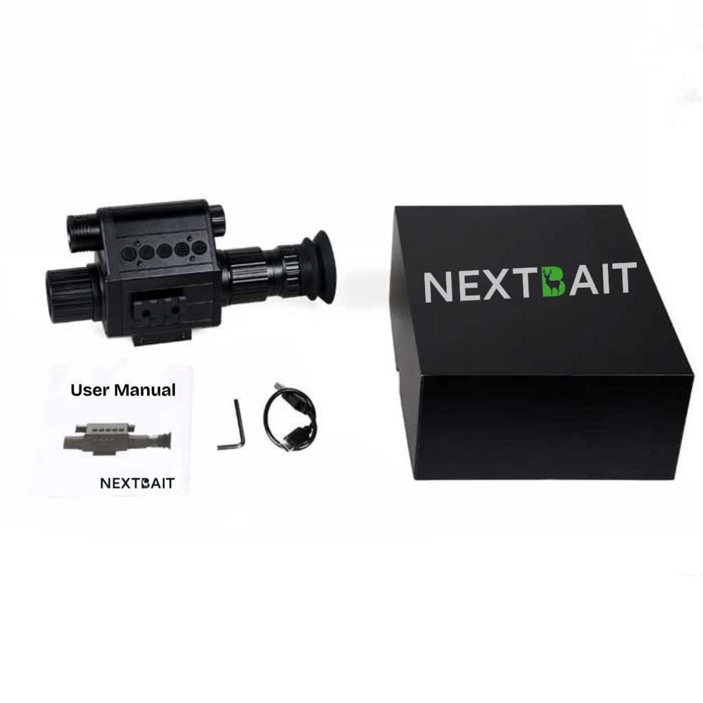 NEXTBAIT XM 3.5 Night Vision Scope shown alongside its black retail box, user manual, and charging cable, representing the full product kit.