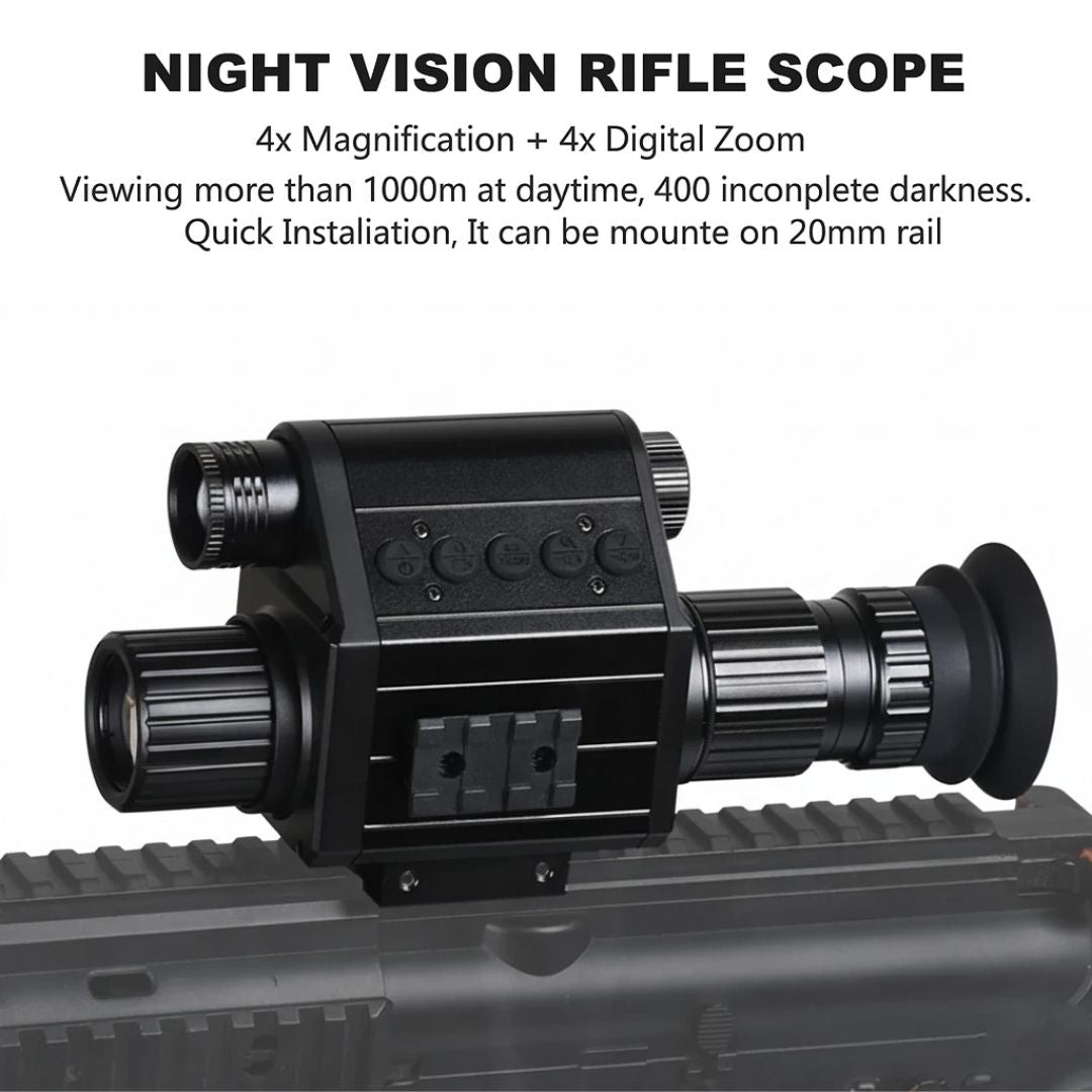 NEXTBAIT XM 3.5 Night Vision Riflescope mounted on a firearm, highlighting 4x magnification, 4x digital zoom, 1000m daytime range, 400m night range, and 20mm rail quick installation.