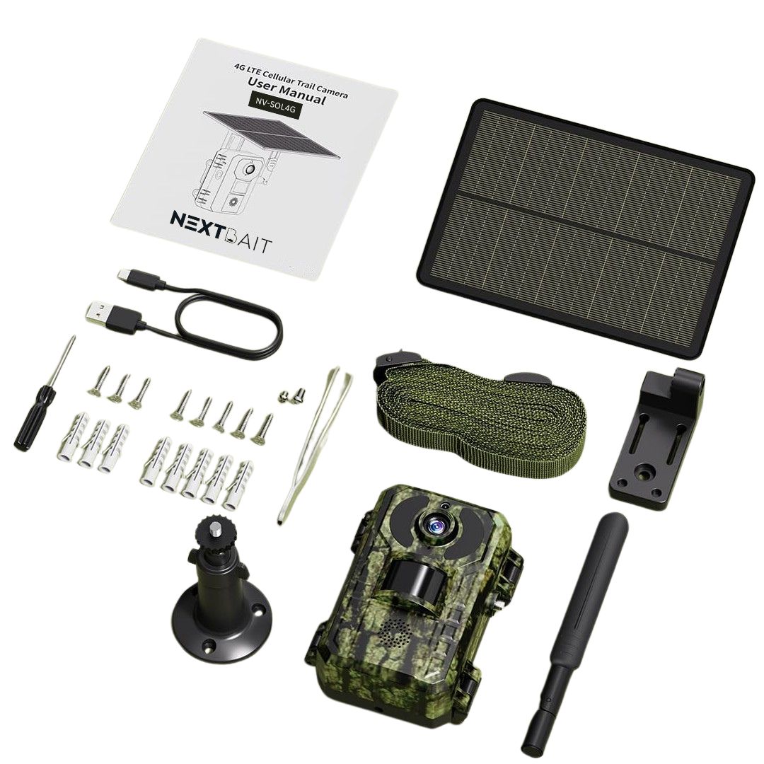 A comprehensive kit of a solar powered camera security system, including a camouflaged security camera, solar panel, mounting equipment, and a user manual.