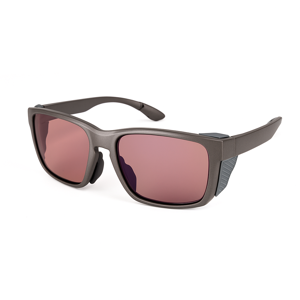 High-resolution image of polarized sunglasses with rose-tinted lenses and a matte gray frame, shown on a white background. Ideal for enhancing contrast and visual clarity during outdoor activities.