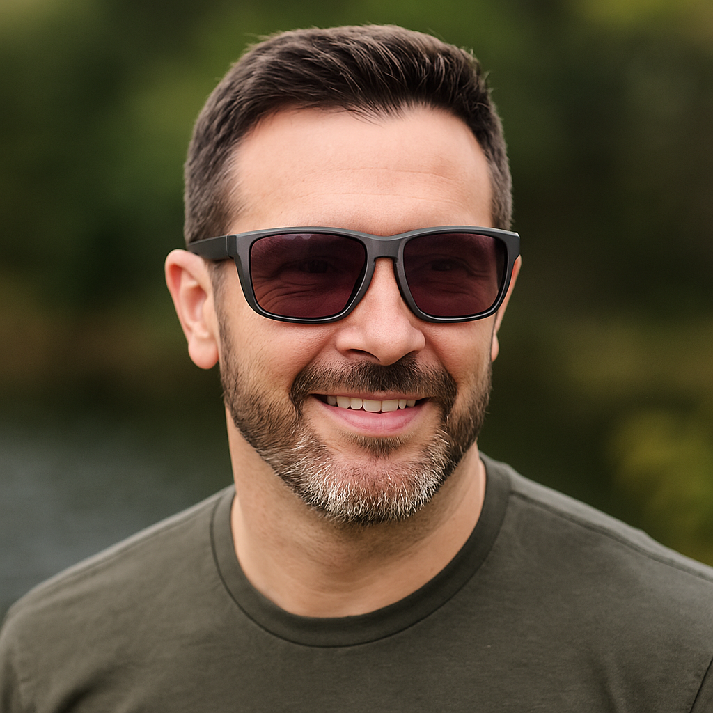 A middle-aged man with short dark hair and a neatly trimmed beard, smiling outdoors while wearing stylish rose-tinted polarized sunglasses and a dark olive green T-shirt. The background features a soft blur of greenery and water, keeping the focus on the sunglasses.