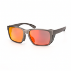Product image of wraparound polarized sunglasses with vibrant sunburst red-orange reflective lenses and a matte grey frame, showcased on a plain white background. Designed for high-visibility performance in fishing and outdoor activities.
