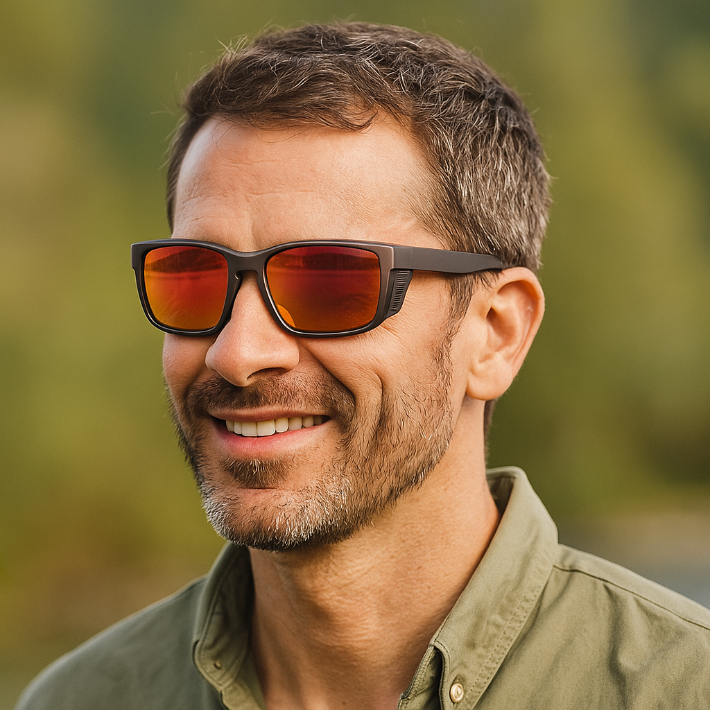 A smiling middle-aged man wearing sunburst red-tinted polarized sunglasses and a light olive-green button-up shirt. He is outdoors with a blurred natural background, drawing attention to the vibrant red lenses of the sunglasses.