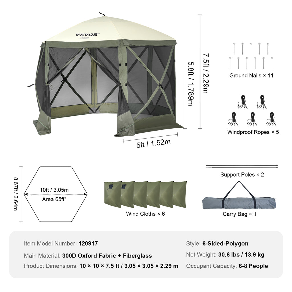 10x10FT Pop-Up-Pavillon-Campingzelt mit Moskitonetz und Sichtschutz-Windtüchern