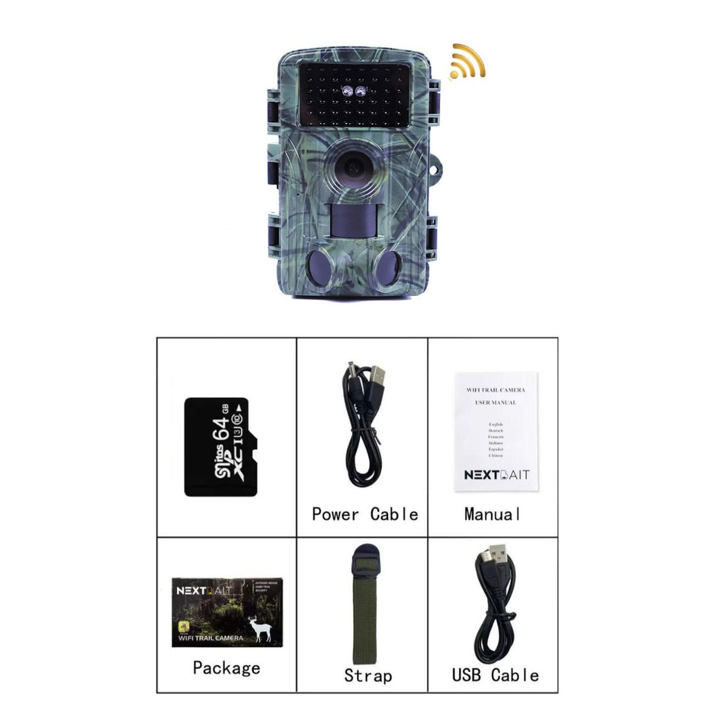 Camouflaged security trail camera with advanced sensors and wireless connectivity, accompanied by essential accessories including a power cable, user manual, mounting strap, and USB cable, designed for efficient and discreet wildlife monitoring or property surveillance.