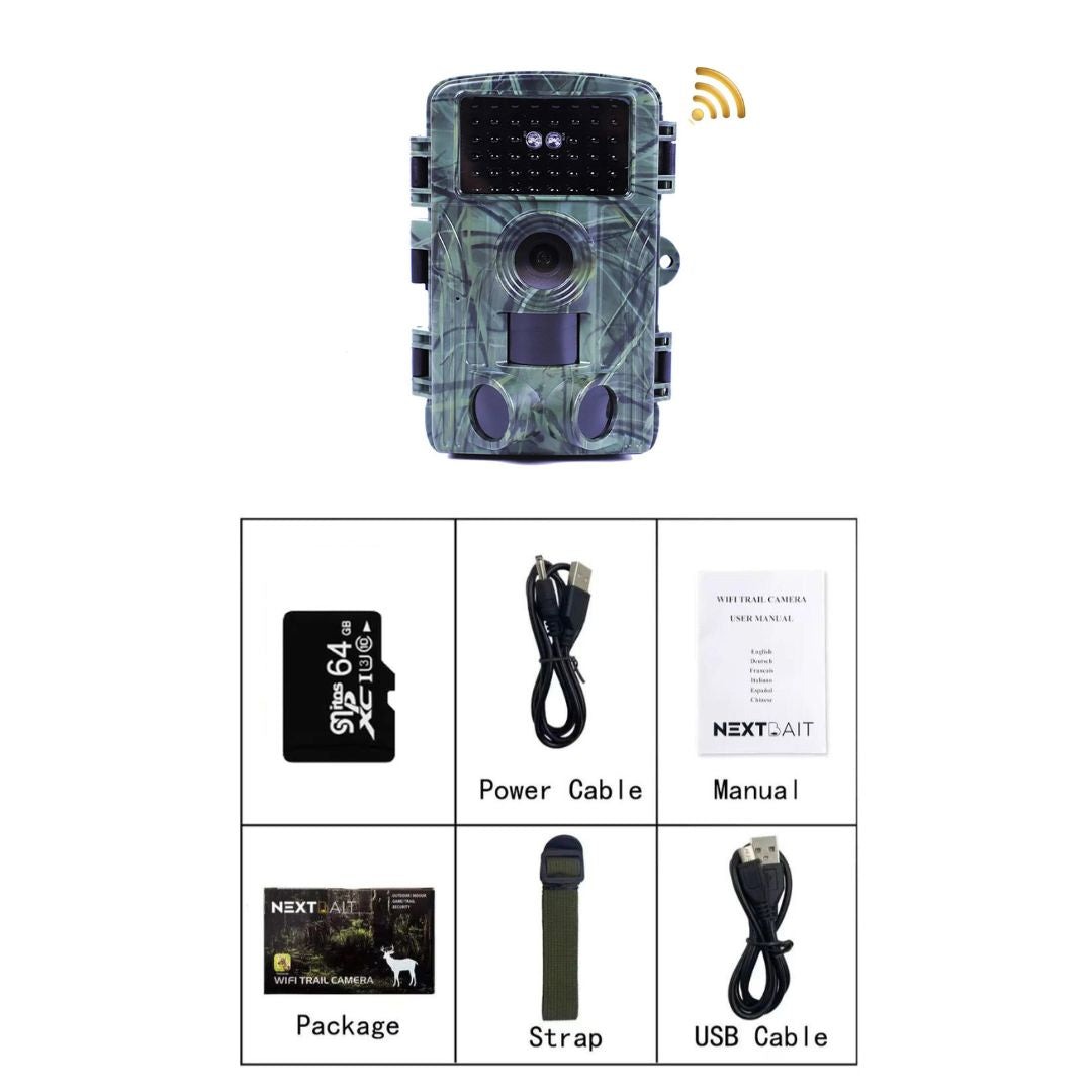 Camouflaged security trail camera with advanced sensors and wireless connectivity, accompanied by essential accessories including a power cable, user manual, mounting strap, and USB cable, designed for efficient and discreet wildlife monitoring or property surveillance.