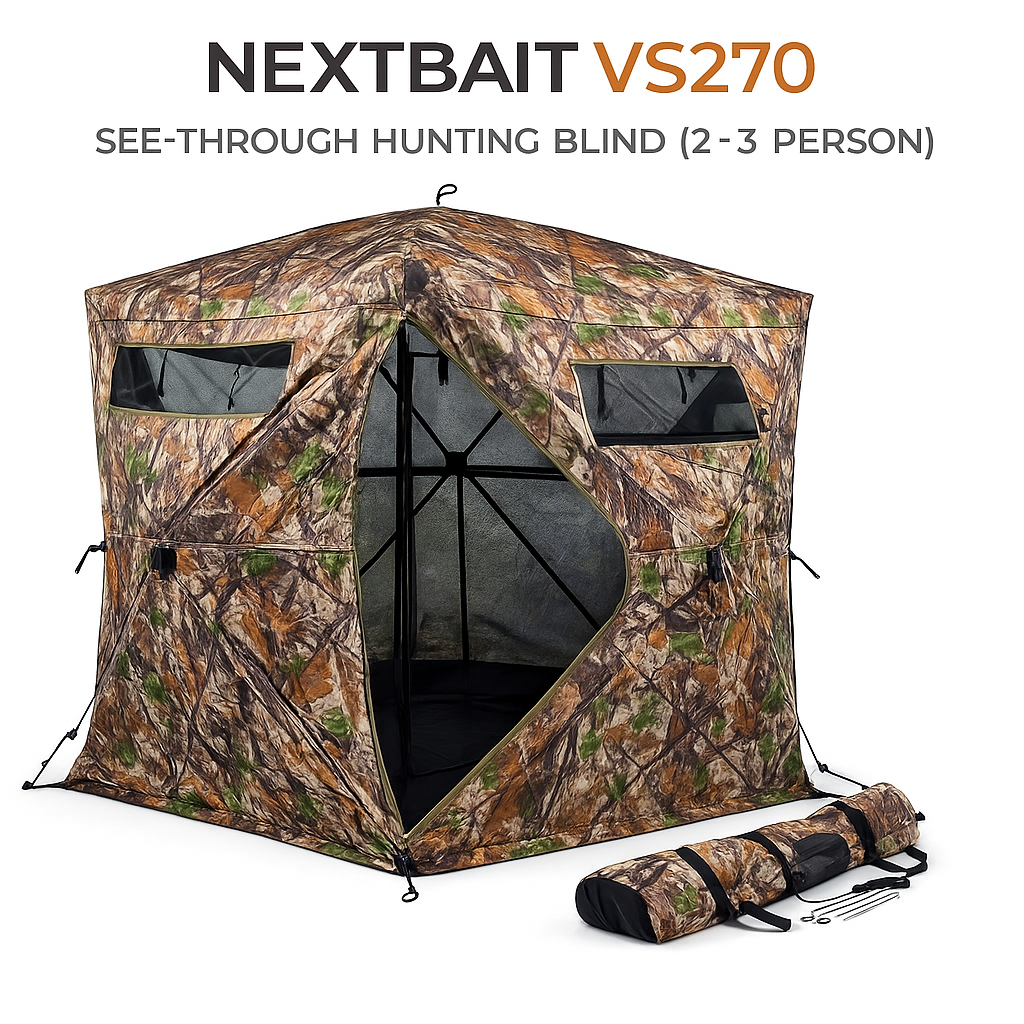 NEXTBAIT VS270 270-degree see-through hunting blind, full view on white background.
