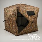 NEXTBAIT VS270 See-Through Hunting Blind (2-3 Person) set up on a white background, highlighting the camouflage exterior, entry door, and small viewing window.