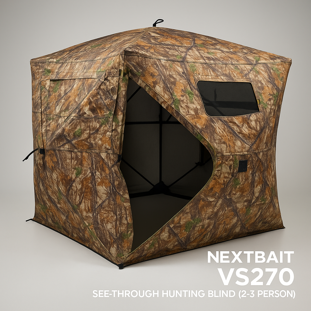 NEXTBAIT VS270 See-Through Hunting Blind (2-3 Person) set up on a white background, highlighting the camouflage exterior, entry door, and small viewing window.