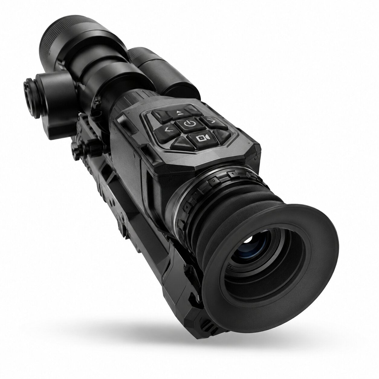 Angled rear view of the NEXTBAIT XM 4 Fusion thermal and night vision scope showcasing the ergonomic control buttons, adjustable eyepiece, and rugged tactical design for intuitive field operation.