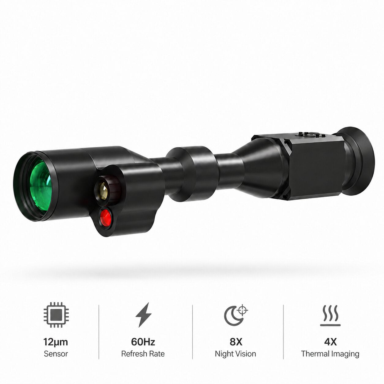 NEXTBAIT XM 4 Fusion thermal and night vision scope highlighting 12μm sensor technology, 60Hz refresh rate, 8x night vision zoom, and 4x thermal imaging capability.