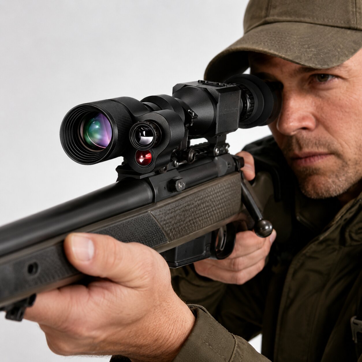 Hunter aiming with the NEXTBAIT XM 4 Fusion thermal and night vision scope mounted on a rifle, demonstrating real-world target acquisition and low-light hunting performance.