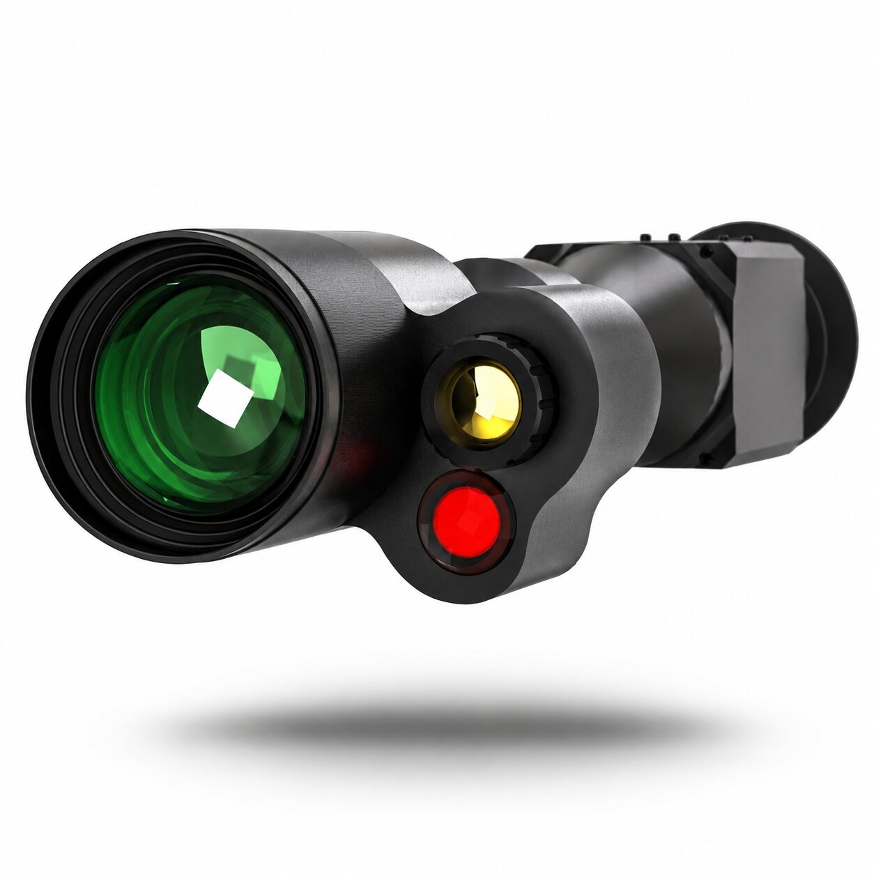 Close-up view of the NEXTBAIT XM 4 Fusion thermal and night vision scope showcasing the large objective lens, thermal sensor, and infrared illuminator for enhanced target detection.