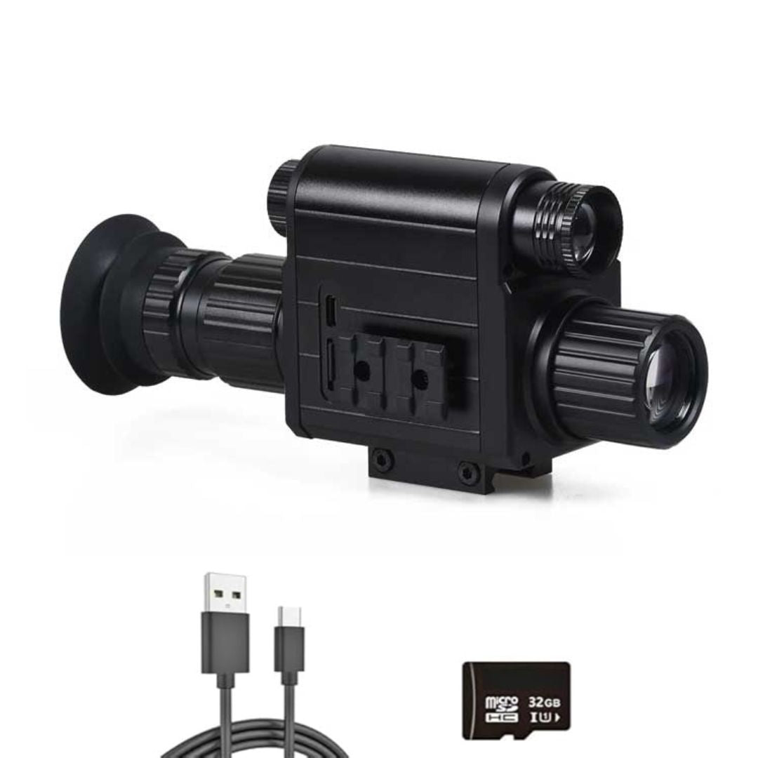 NEXTBAIT XM 3.5 Night Vision Monocular and Riflescope shown with included accessories: Type-C charging cable and a 32GB Micro SD memory card for photo and video storage.