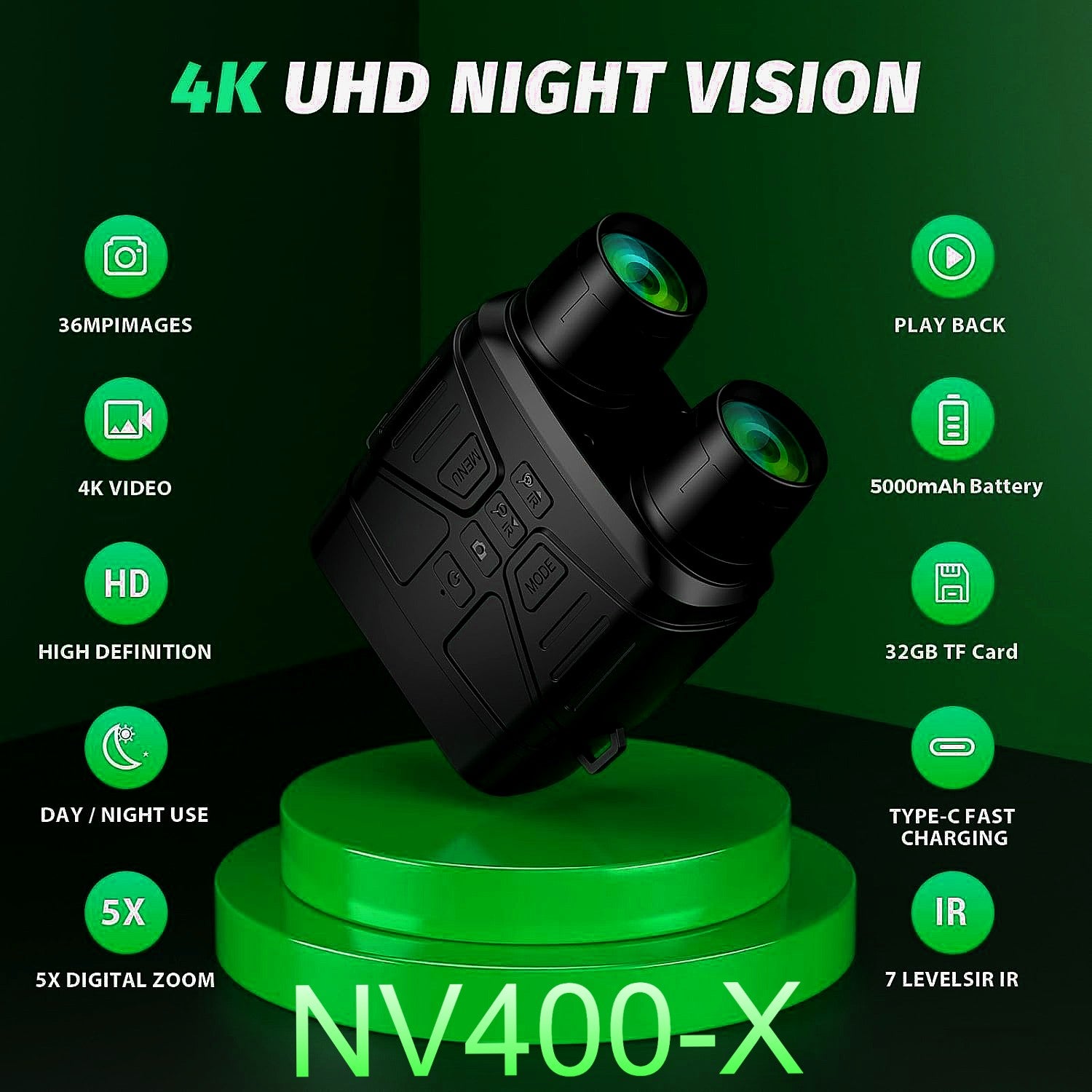 Jumelles de vision nocturne True 4K avec batterie rechargeable 4000 mAh | NV 400-X