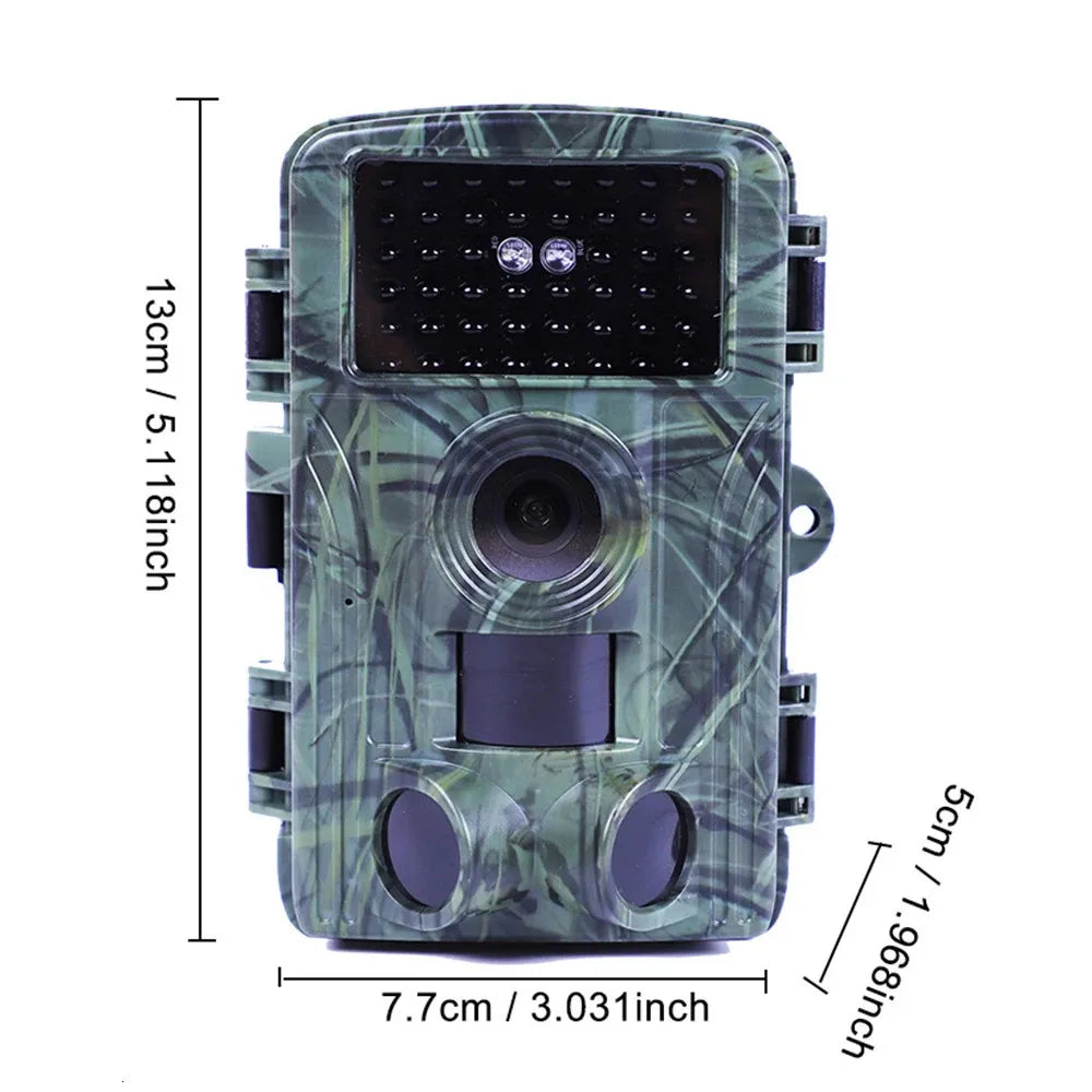 The image presents the best trail camera for hunting, boasting a compact and rugged design with precise dimensions for easy installation, complete with infrared LEDs for superior night vision capabilities, ensuring every detail of wildlife is captured with clarity.