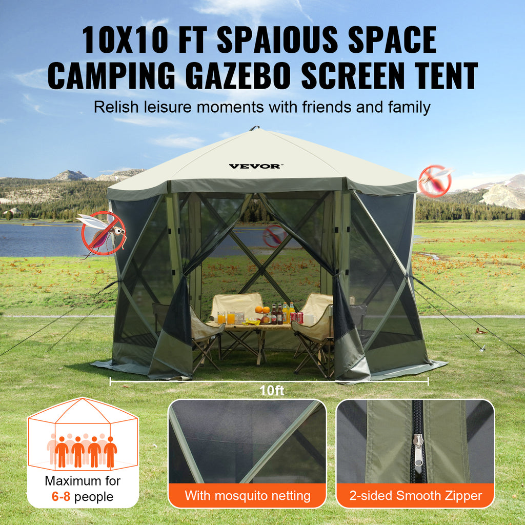 10x10FT Pop-Up-Pavillon-Campingzelt mit Moskitonetz und Sichtschutz-Windtüchern