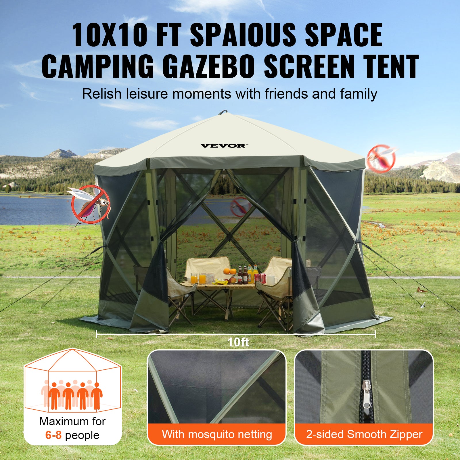 10x10FT Pop-Up-Pavillon-Campingzelt mit Moskitonetz und Sichtschutz-Windtüchern