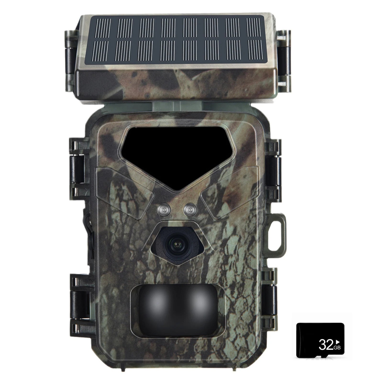 Solar cameras security system with a camouflage design, equipped with a solar panel for sustainable power, designed for outdoor use in natural environments.