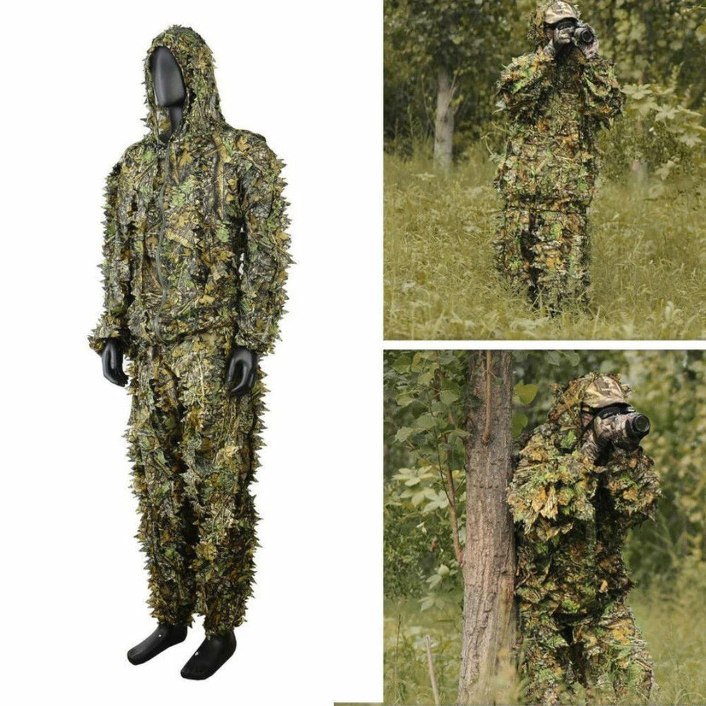 Collage showcasing the 3D Leaf Ghillie Suit in-action. Features a full sniper ghillie suit look with a mannequin shot and two real-life examples of a hunter or sniper in ghillie suits using a camera for wildlife photography and superior concealment in a wooded area. The ultimate ghillie camouflage suit for the USA.