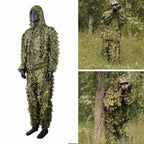 Collage showcasing the 3D Leaf Ghillie Suit in-action. Features a full sniper ghillie suit look with a mannequin shot and two real-life examples of a hunter or sniper in ghillie suits using a camera for wildlife photography and superior concealment in a wooded area. The ultimate ghillie camouflage suit for the USA.