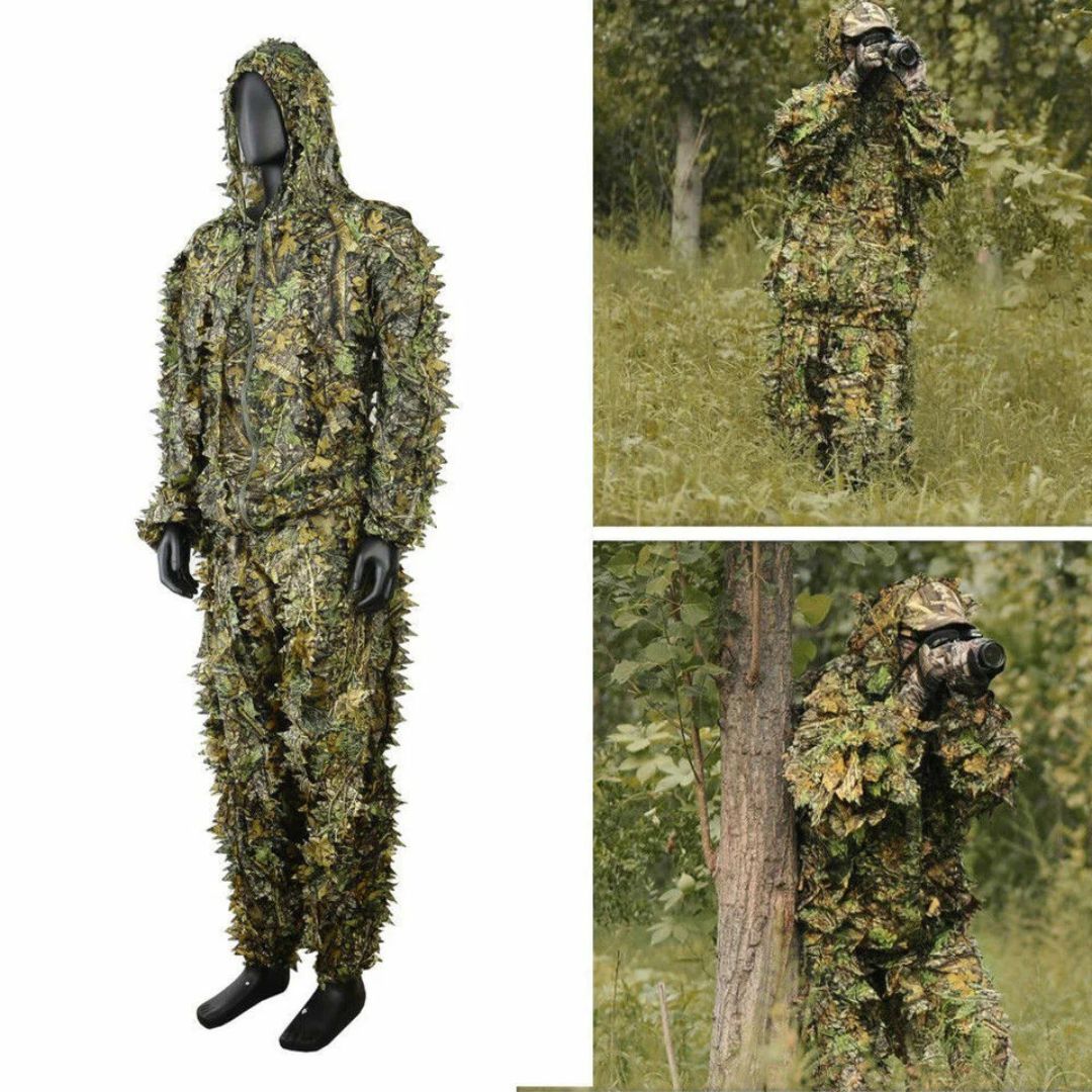 Collage showcasing the 3D Leaf Ghillie Suit in-action. Features a full sniper ghillie suit look with a mannequin shot and two real-life examples of a hunter or sniper in ghillie suits using a camera for wildlife photography and superior concealment in a wooded area. The ultimate ghillie camouflage suit for the USA.