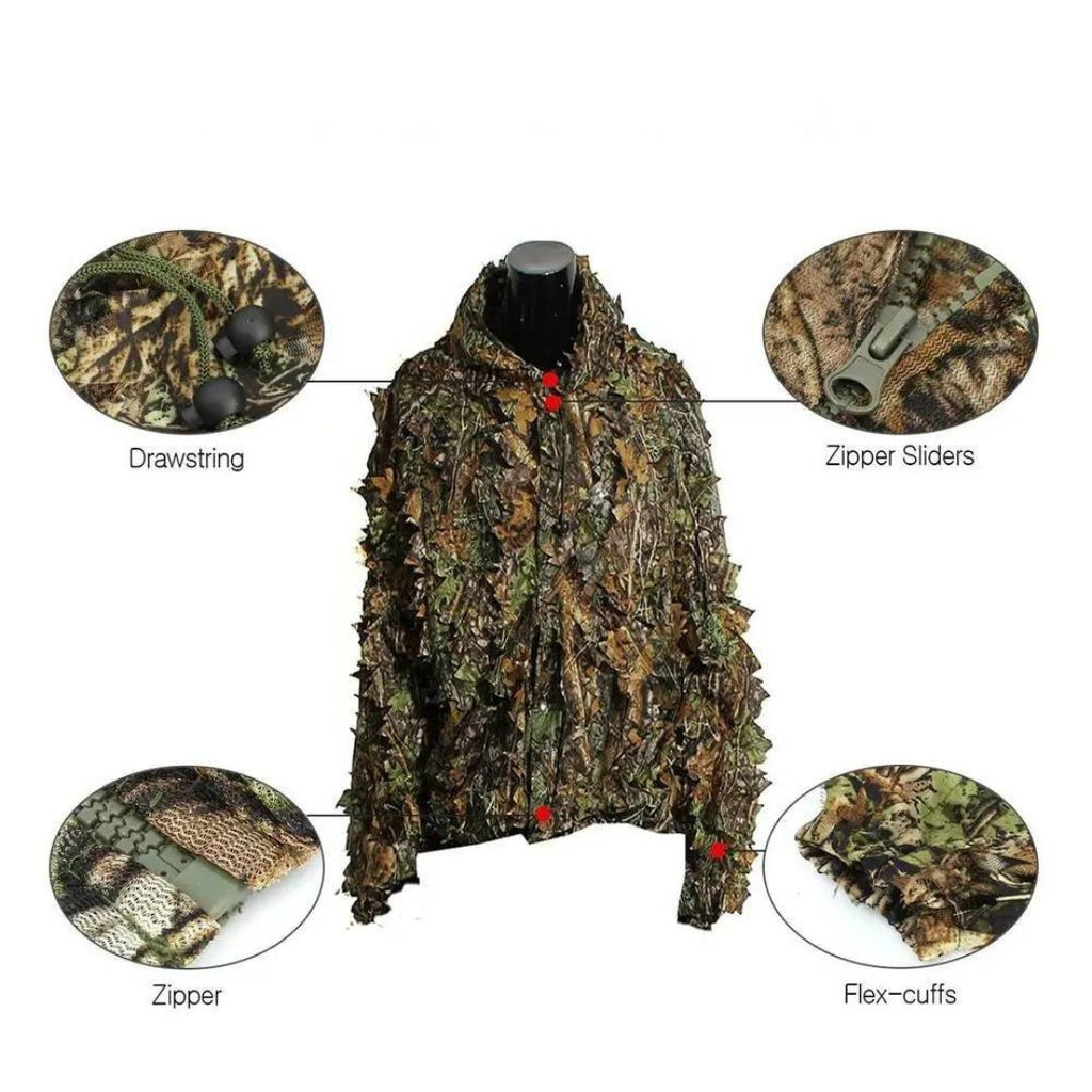 Close-up details of the 3D Leaf Ghillie Jacket. Highlights functional features like the Drawstring adjustment, durable Zipper Sliders, main Zipper, and comfortable Flex-cuffs. Shows the construction of this premium military ghillie suit designed for serious tactical and hunting use and superior concealment.