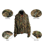 Close-up details of the 3D Leaf Ghillie Jacket. Highlights functional features like the Drawstring adjustment, durable Zipper Sliders, main Zipper, and comfortable Flex-cuffs. Shows the construction of this premium military ghillie suit designed for serious tactical and hunting use and superior concealment.