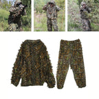 Complete set of the 3D Leaf Ghillie Suit jacket and pants laid out, combined with three in-action hunting/sniping photos. Demonstrates the suit's effectiveness as a ghillie camouflage suit and camouflage grass suit for serious hunters and tactical users. Best ghillie for sale for total woodland concealment.