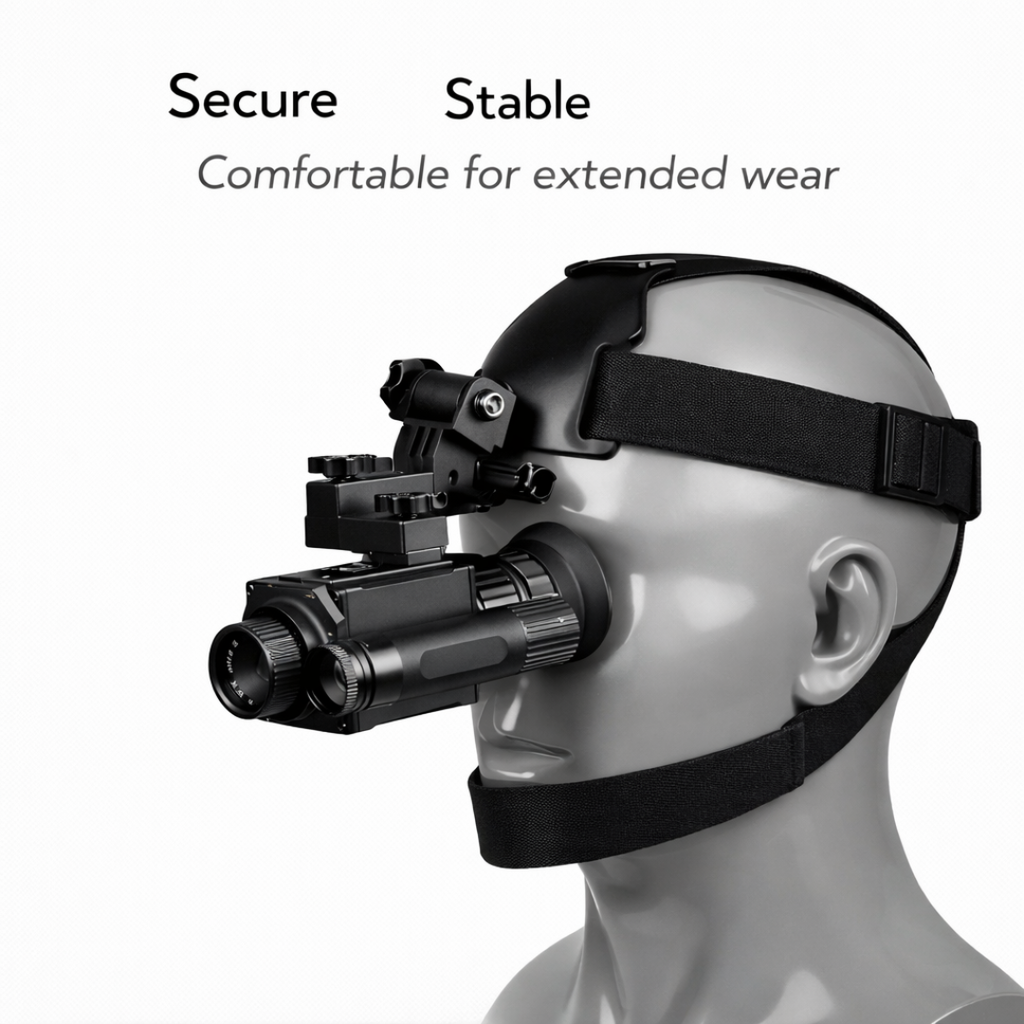 NEXTBAIT M300 head mounted night vision monocular with adjustable strap, secure and stable hands free fit designed for comfortable extended wear during night operations.